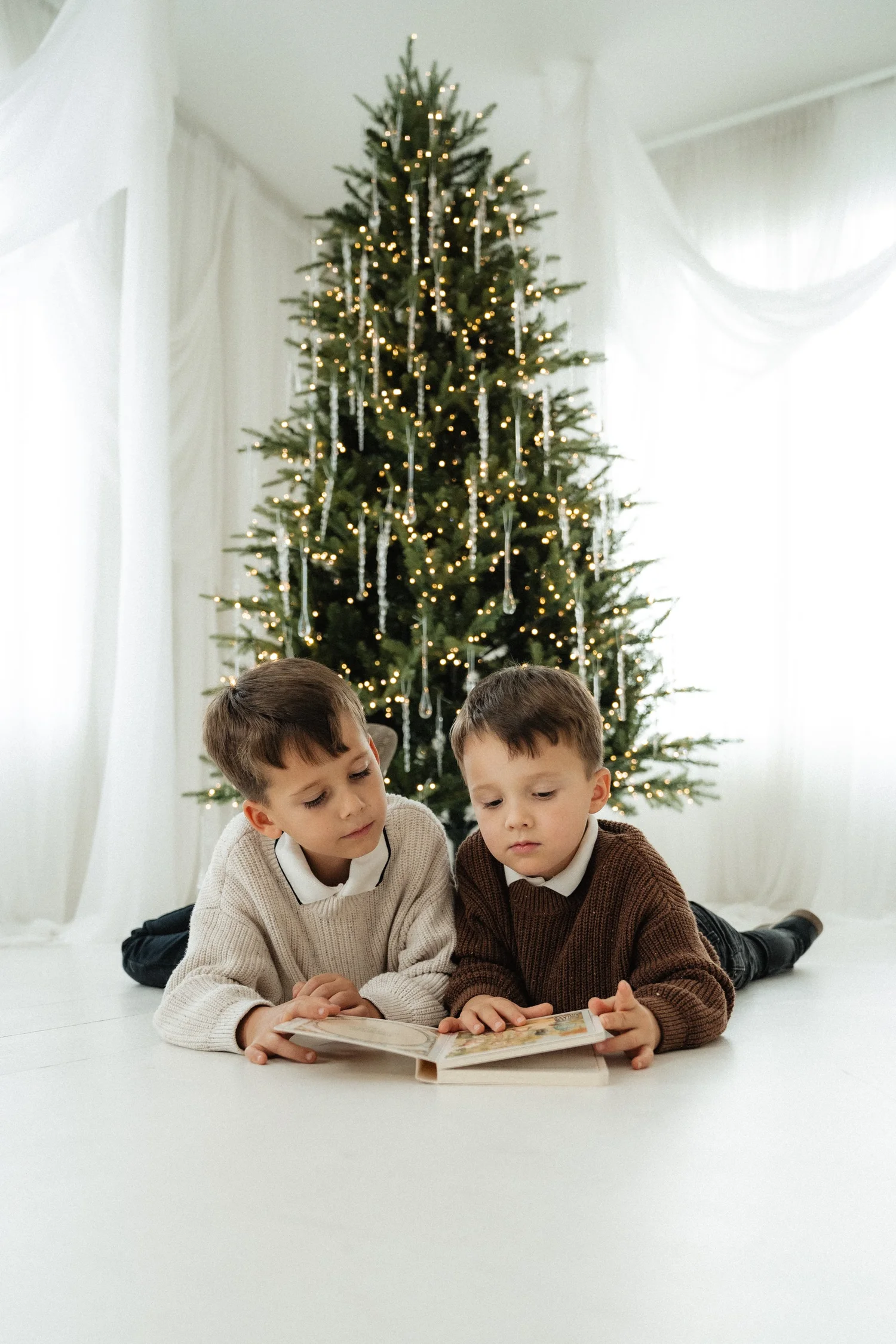 Two brothers reading together by a Christmas tree